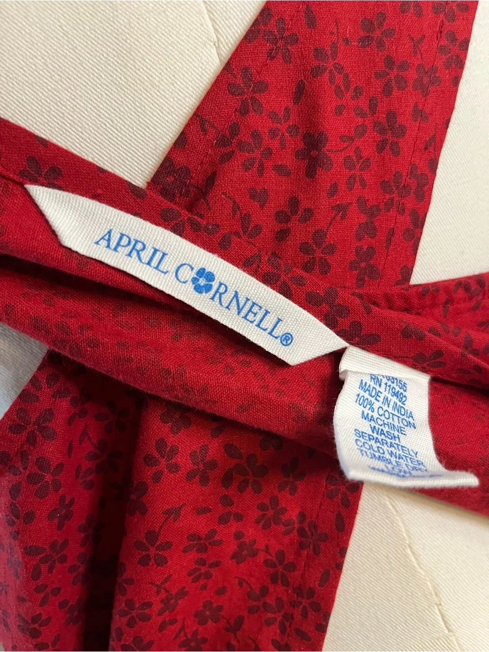 April Cornell Red Floral Crossback Apron with Plaid Pocket